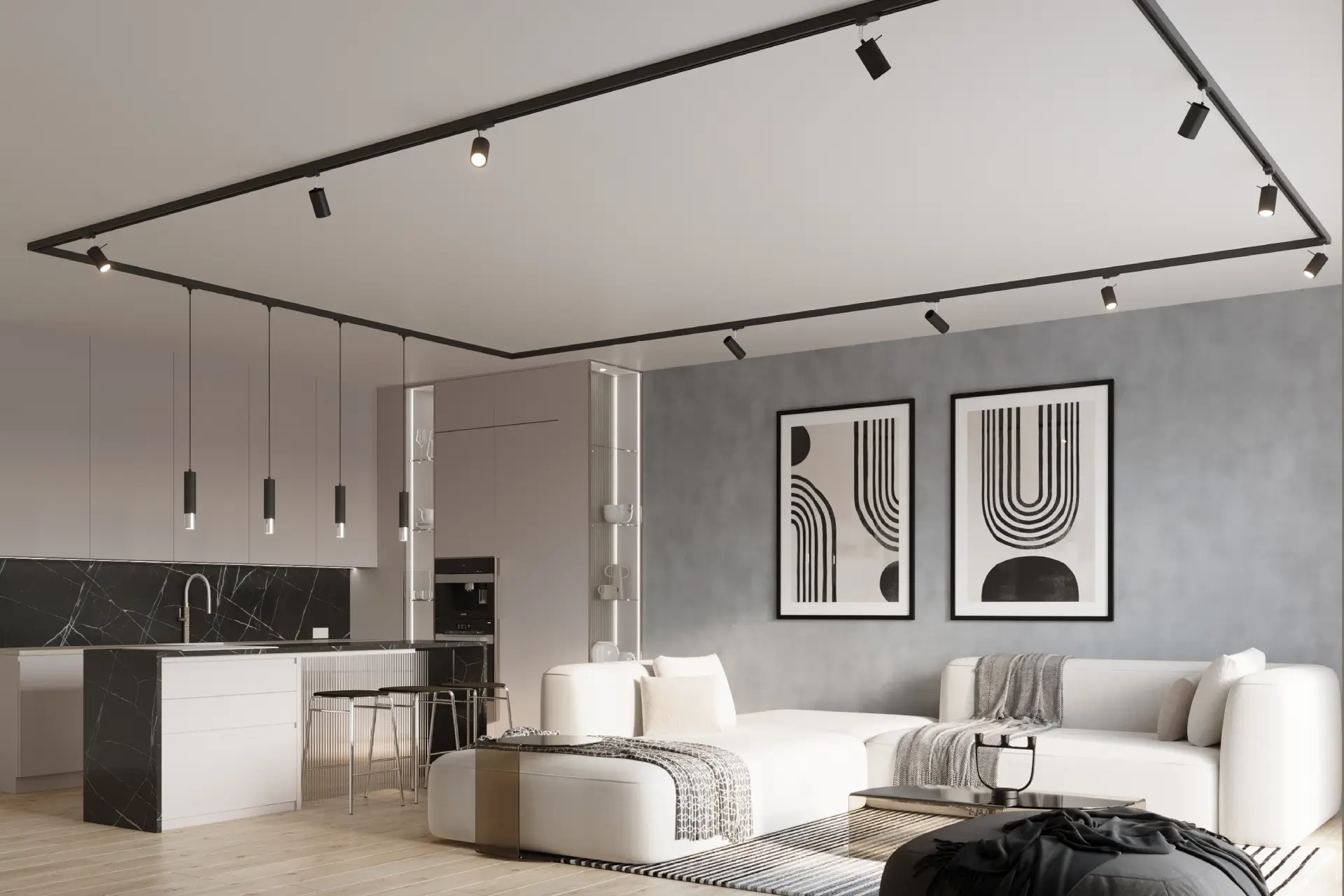 Moderný interiér s koľajnicovým osvetlením