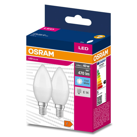 2x LED žiarovka B37 sviečka E14 4,9W = 40W 470lm 4000K neutrálna biela 200° VALUE CLASSIC Osram