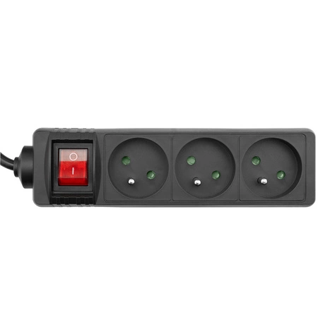 Sieťový predlžovací kábel Zástrčka - 3x zásuvka s uzemnením a vypínačom Napájacia lišta 1,5m 3x1mm 13A čierna