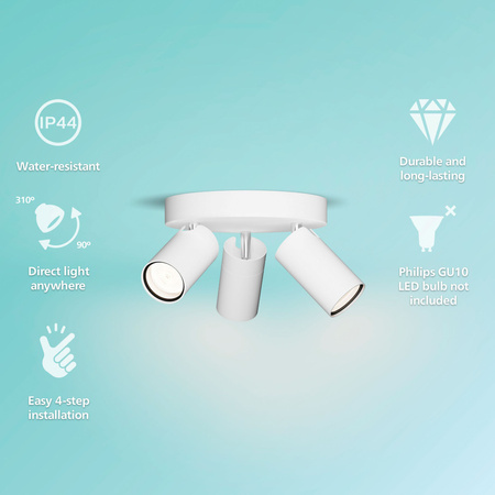 Reflektorová stropná lampa 3x GU10 IP44 biela Kosipo Philips