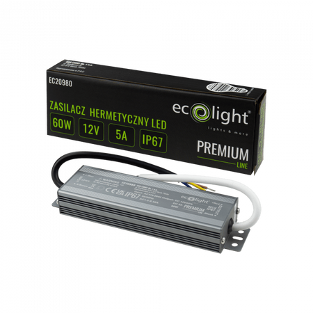 Napájací zdroj LED pásov hermetický 60W 12V 5A IP67 PREMIUM Ecolight