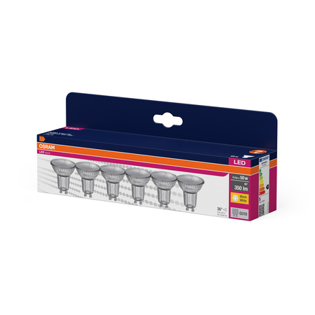 6x LED PAR16 reflektor GU10 4,3W = 50W 350lm 2700K, teplá biela 36° VALUE Osram