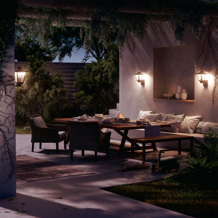 Záhradné nástenné svietidlo Vonkajšia lampa E27 IP44 so senzorom pohybu a súmraku čierna Kinno Philips