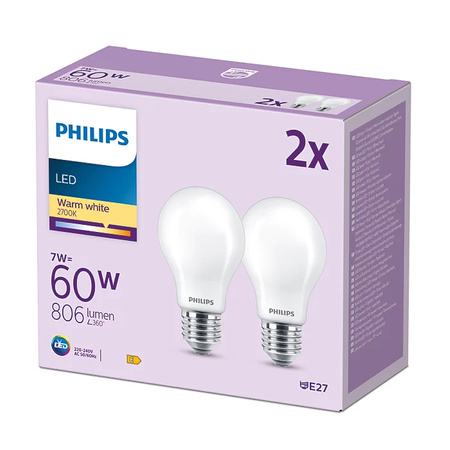 Sada 2x LED žiarovka E27 A60 7W = 60W 806lm 2700K teplá biela žiarovka PHILIPS