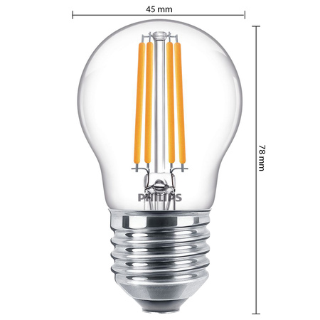 LED žiarovka E27 guľka P45 6,5W = 60W 806lm 2700K teplá biela FILAMENT LED Classic Philips