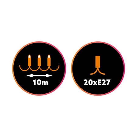 Záhradná vonkajšia svetelná reťaz Girland 10m 20xE27 LED 1,3W Kobi