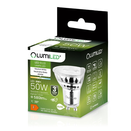 10x LED žiarovka GU10 6W = 50W 580lm 4000lm, neutrálna biela 38° sklo LUMILED