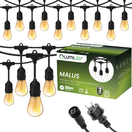 MALUS Vonkajšia záhradná svetelná reťaz 20m 20xE27 + LED žiarovky 1,3W 2200K Lumiled