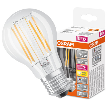 LED žiarovka A60 E27 7,5W = 75W 1055lm 2700K teplá biela CRI90 300° Stmievateľné vlákno SUPERSTAR PLUS CLASSIC Osram