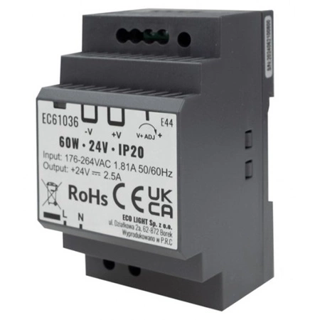 Napájací zdroj na DIN lištu pre LED pásky 60W 24V 2,5A IP20 PREMIUM Ecolight