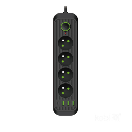 Sieťový predlžovací kábel 4x uzemnená zásuvka USB Power Strip On/Off Switch 5m Black Connecto Kobi
