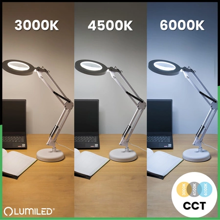 Stolná lampa LED 8W CCT kresliaca stolová lampa 3x zväčšovacie sklo LUCA 2 biela LUMILED