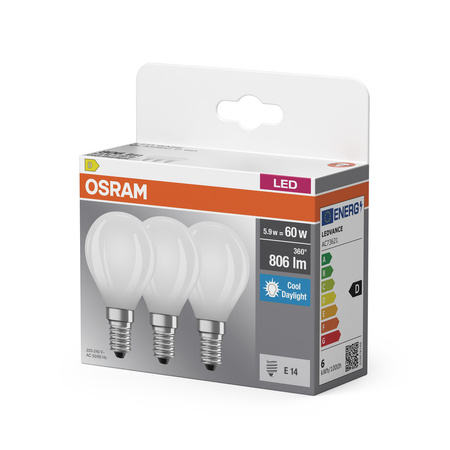 3x LED žiarovka P45 guľka E14 5,9W = 60W 806lm 6500K studená biela 300° BASE Osram