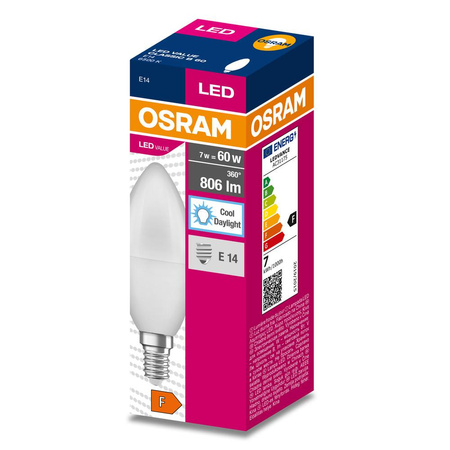 LED žiarovka B39 sviečka E14 7,5W = 60W 806lm 6500K studená biela 200° VALUE CLASSIC Osram