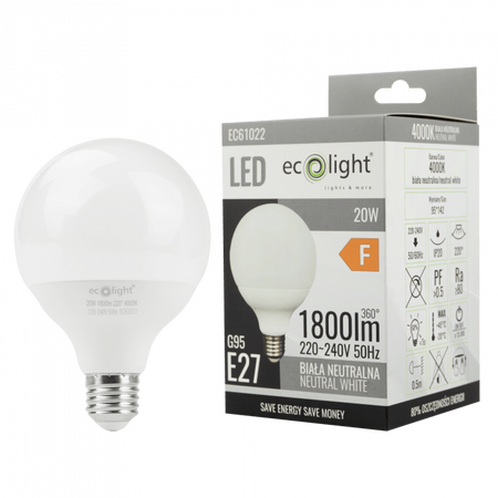 LED žiarovka Sphere G95 E27 20W 1800lm 4000K neutrálna biela Ecolight
