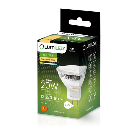 LED žiarovka GU5.3 reflektor MR11 2,5W = 20W 220lm 3000K teplá biela 120° 12V LUMILED