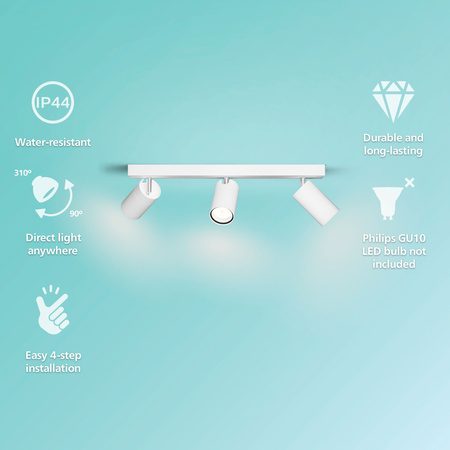 Reflektorové stropné svietidlo 3x GU10 IP44 biele Idris Philips