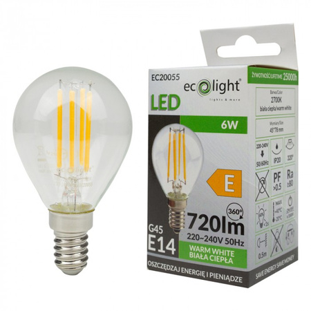 LED žiarovka guľka P45 E14 6W 720lm 2700K teplá biela FILAMENT Ecolight