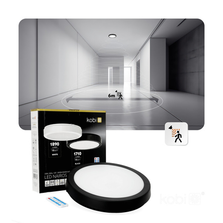 LED stropný plafón do kúpeľnepovrchovou montážou 18W 1710lm 4000K 120° so senzorom pohybu a súmraku čierny IP65 Nairos Kobi