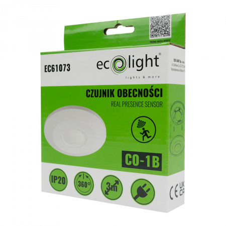 Senzor pohybu a súmraku PIR Montáž na povrch Montáž na strop Biely 3m 360° CO Ecolight