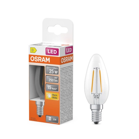 LED žiarovka B35 E14 sviečka 1,8W = 25W 250lm 2700K teplá biela 300° Filament STAR CLASSIC Osram