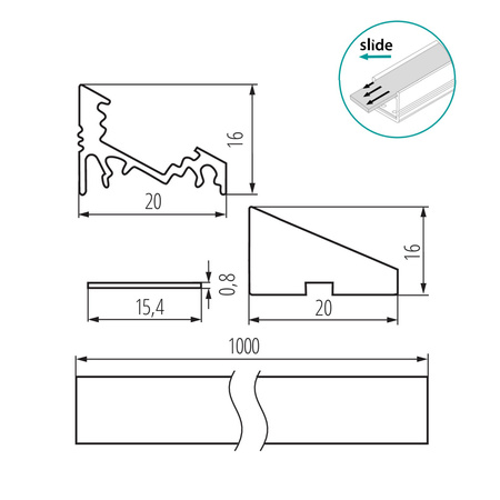 Hliníkový rohový profil pre LED pásik eloxovaný 1m PROFILO Kanlux