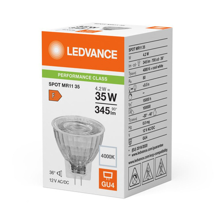 LED žiarovka GU4 MR11 4,2W = 35W 345lm 4000K neutrálna biela 36° 12V Ledvance