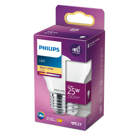 LED žiarovka E27 guľka P45 2,2W = 25W 250lm 2700K teplá biela FILAMENT LED Classic Philips