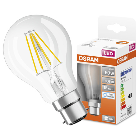 LED žiarovka A60 B22d 6,5W = 60W 806lm 6500K studená biela 300° Retrofit Filament CLASSIC Osram