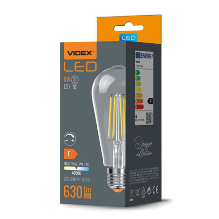 LED žiarovka E27 ST64 Edison 6W = 50W 630lm 4000lm neutrálna biela 360° FILAMENT Stmievateľná Videx