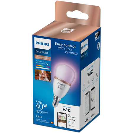 LED žiarovka E14 guľka P45 4,9W = 40W 470lm 2200-6500K RGB + TW Smart SMART WiFi Bluetooth App WiZ Philips