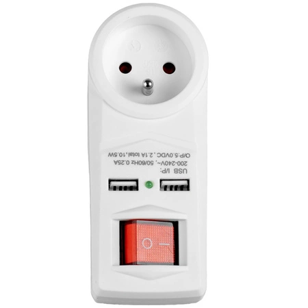 Rozdeľovač elektrickej siete s prepínačom 2x USB 1x 2P+0 Zlodej VAYOX