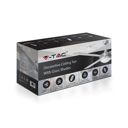 Stropný ventilátor 35 W so svetelným zdrojom 2xE27 a diaľkovým ovládaním 4 ramená Strieborný 130 cm VT-6054-4 V-TAC