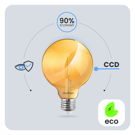 LED žiarovka E27 Sphere G95 6W = 50W 660lm 2000K teplá biela 360° BURRITON FILAMENT LUMILED