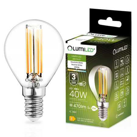 LED žiarovka E14 guľka P45 4W = 40W 470lm 4000K neutrálna biela 360° FILAMENT LUMILED