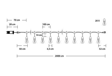 Záhradná vonkajšia svetelná reťaz Girland 20m 20x žiarovky E27 2W 3000K MALUS Lumiled