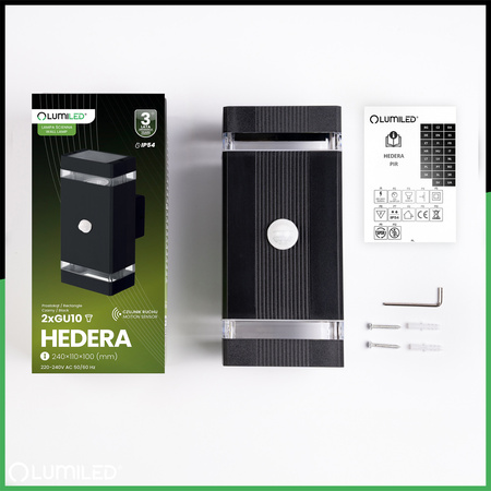 Záhradné nástenné svietidlo zhora nadol 2x GU10 Black Senzor pohybu a súmraku HEDERA LUMILED