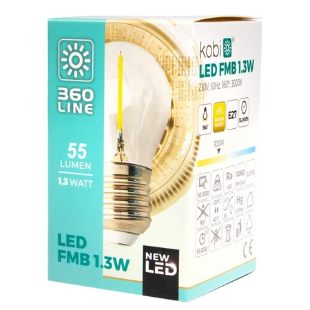LED žiarovka E27 guľka 1W 55lm 3000K teplá biela 360° Filament Line Kobi