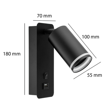 Nástenná povrchová lampa na čítanie GU10 USB Black Matte Ring Masterled