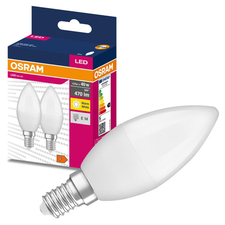 2x LED žiarovka B37 sviečka E14 4,9W = 40W 470lm 2700K teplá biela 200° VALUE CLASSIC Osram