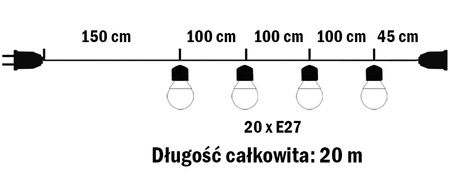 Záhradné vonkajšie osvetlenie Girland Reťaz 20m 20xE27 LED 1,3W