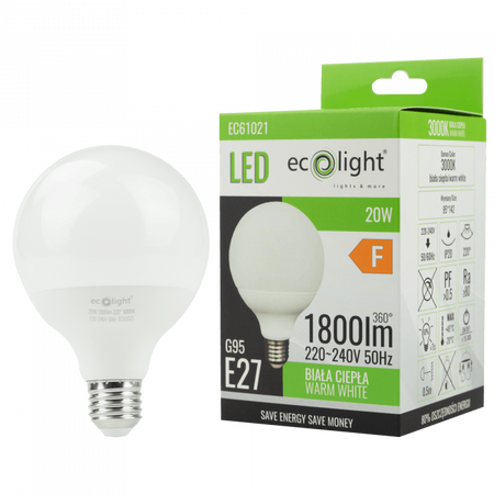 LED žiarovka Sphere G95 E27 20W 1800lm 3000K teplá biela Ecolight