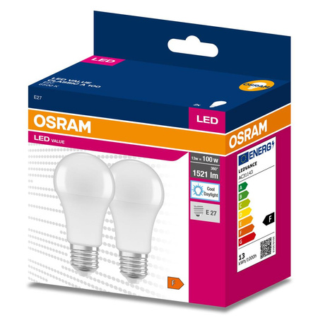 2x LED žiarovka A60 E27 13W = 100W 1521lm 6500K studená biela 200° VALUE CLASSIC Osram