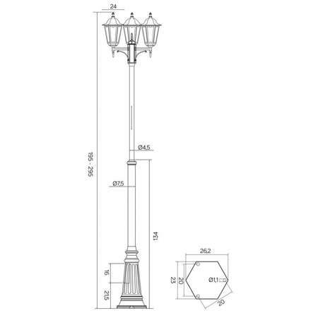 Záhradná lampa Vonkajšia tyčová lampa E27 Retro Classic OGMWN 3 195-295cm čierna Su-Ma