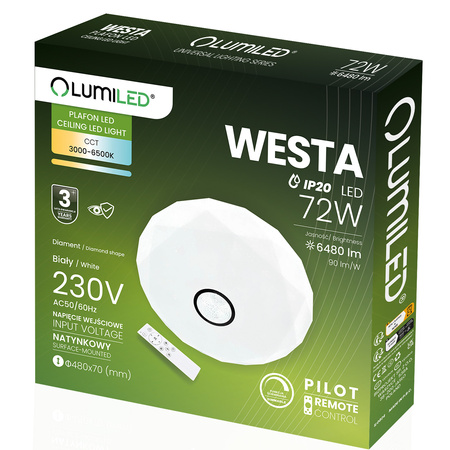 LED stropný plafón WESTA 72W CCT biely okrúhly 50cm + PILOT LUMILED