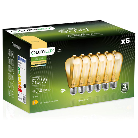 6x LED žárovka E27 Edison ST64 6W = 50W 660lm 2000K Warm 360° BURSHINE FILAMENT LUMILED