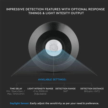 Infračervený detektor pohybu PIR 360° IP20 čierny Montáž na povrch Montáž na strop Montáž na stenu V-TAC