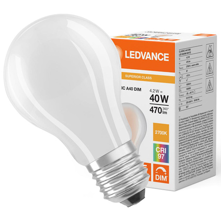 LED žiarovka E27 A60 4,2W = 40W 470lm 2700K teplá biela 320° CRI97 Stmievateľná Ledvance