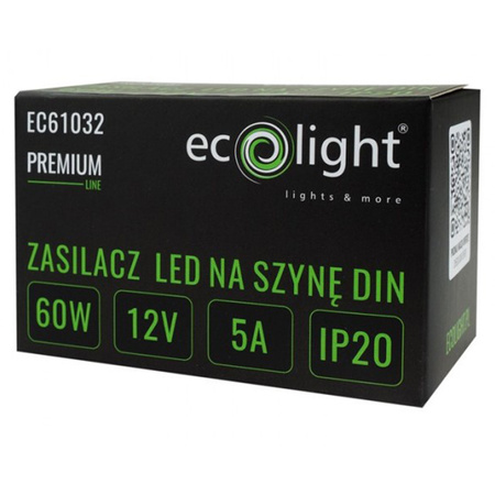 Napájací zdroj na DIN lištu pre LED pásky 60W 12V 5A IP20 PREMIUM Ecolight
