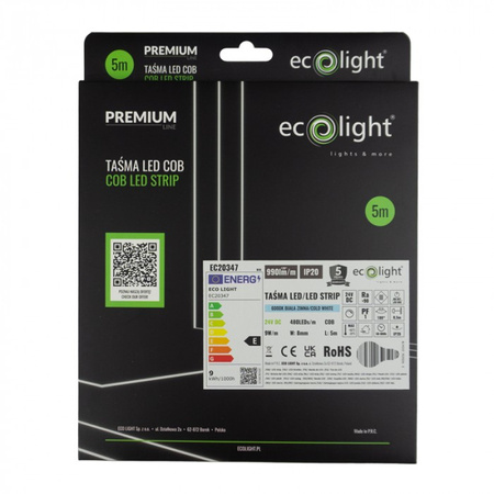 LED pásik COB 9W/m 990lm/m 480LED/m 24V 6000K, studená biela IP20 Roll 5m Ecolight